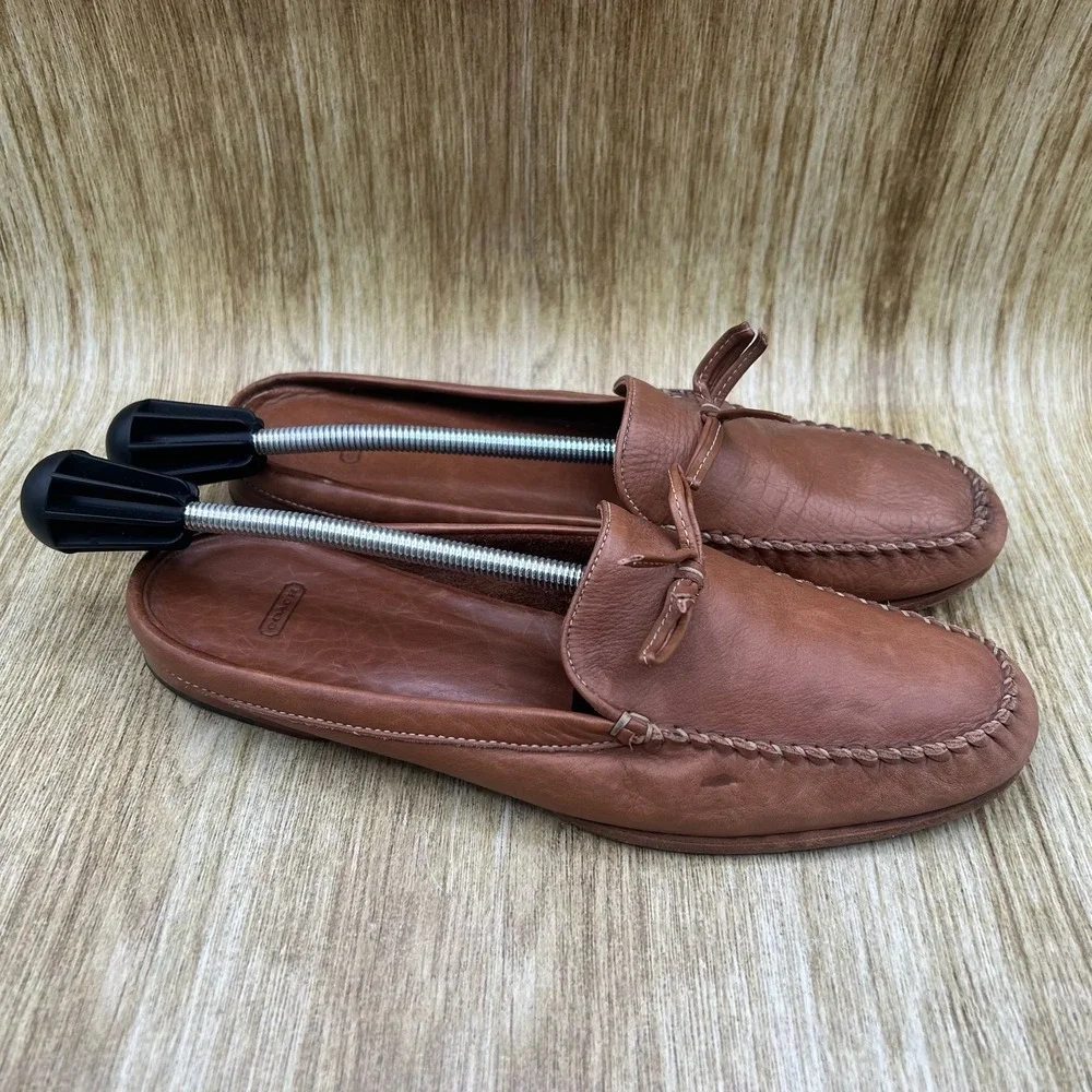 Coach Rayna Mule Loafer Women's 9 Brown Leather Made in Italy Bow Whipstitch